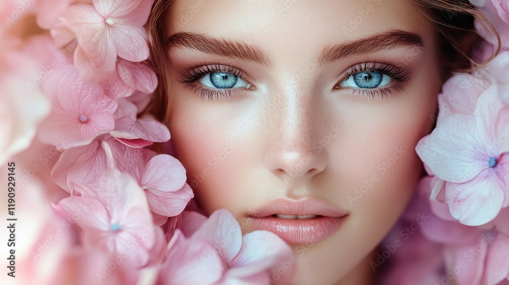 Close-up of young female surrounded by pink flowers Close-up of young female surrounded by pink flowers