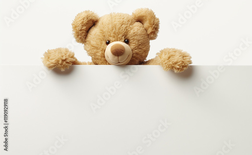 Cute Brown Teddy Bear Toy Peeking Over White Sign with Copy Space - Isolated PNG Image