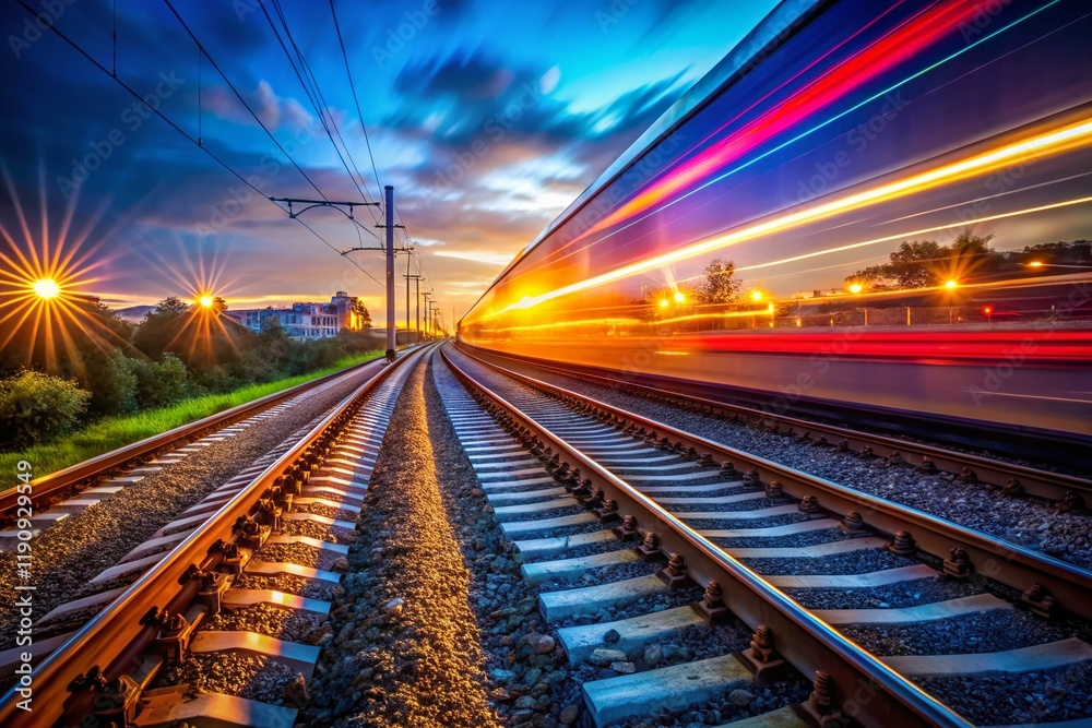 Fototapeta premium Night Train Journey: Long Exposure Light Trails on Railway Tracks