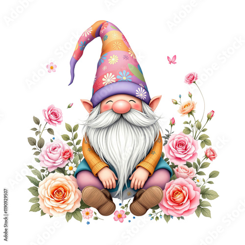 Happy gnome with colorful hat and floral valentine theme on transparent background
