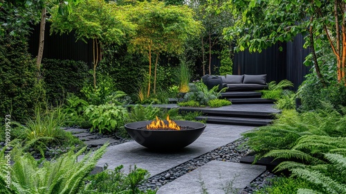 Serene Outdoor Sanctuary with Fire Pit and Lush Greenery Creates a Relaxing Atmosphere