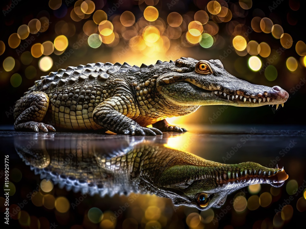 Obraz premium Night Vision: Full-Body Crocodile, Isolated on Black Background - Stock Photo