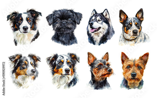 Realistic dog breed illustrations with vibrant details on transparent background