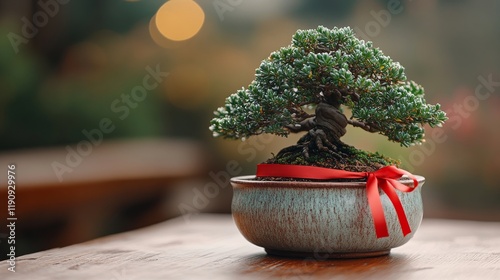 Bonsai tree decorated with red berries and a ribbon on a simple surface