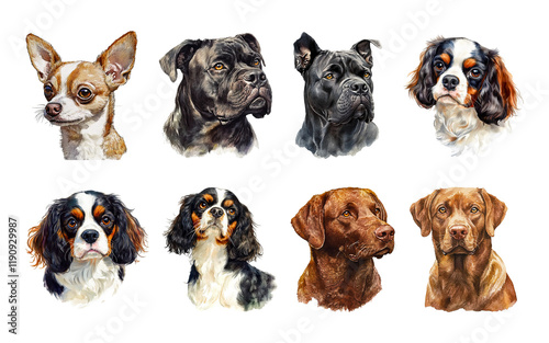 Realistic dog portraits featuring different breeds for design purposes on transparent background