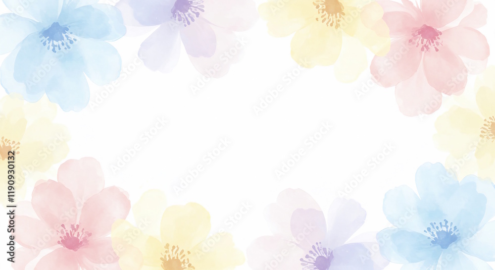 Subtle watercolor blooms in pastel pink, sky blue, and lemon yellow, seamlessly fading into a white background. Subtle watercolor blooms in pastel pink, sky blue, and lemon yellow, seamlessly fading into a white background.