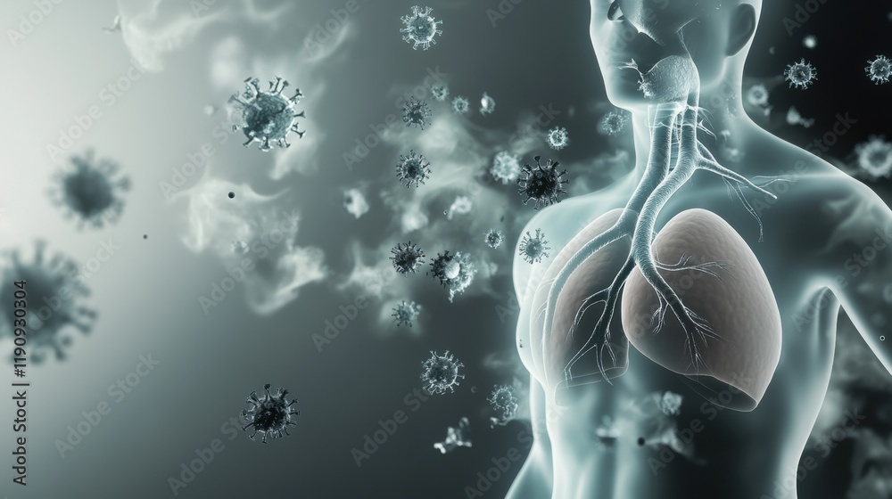 Explore this detailed representation of the human respiratory system, showcasing lungs and viruses, highlighting health and immunity concepts. Explore this detailed representation of the human respiratory system, showcasing lungs and viruses, highlighting health and immunity concepts.
