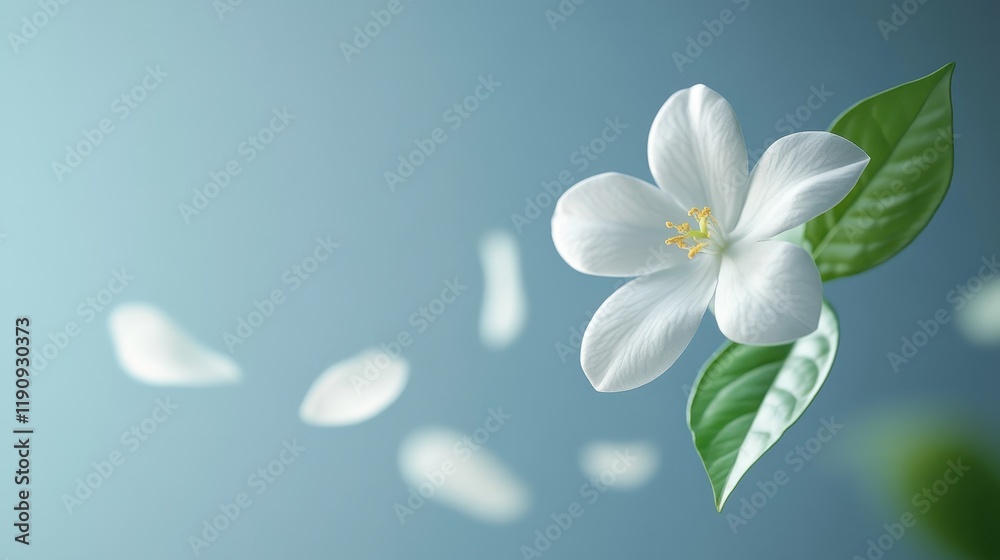 Fototapeta premium Elegant white flower with green leaves on soft blue background