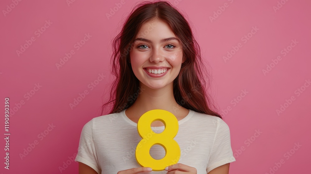 Young female smiling holding yellow number eight on pink background Young female smiling holding yellow number eight on pink background
