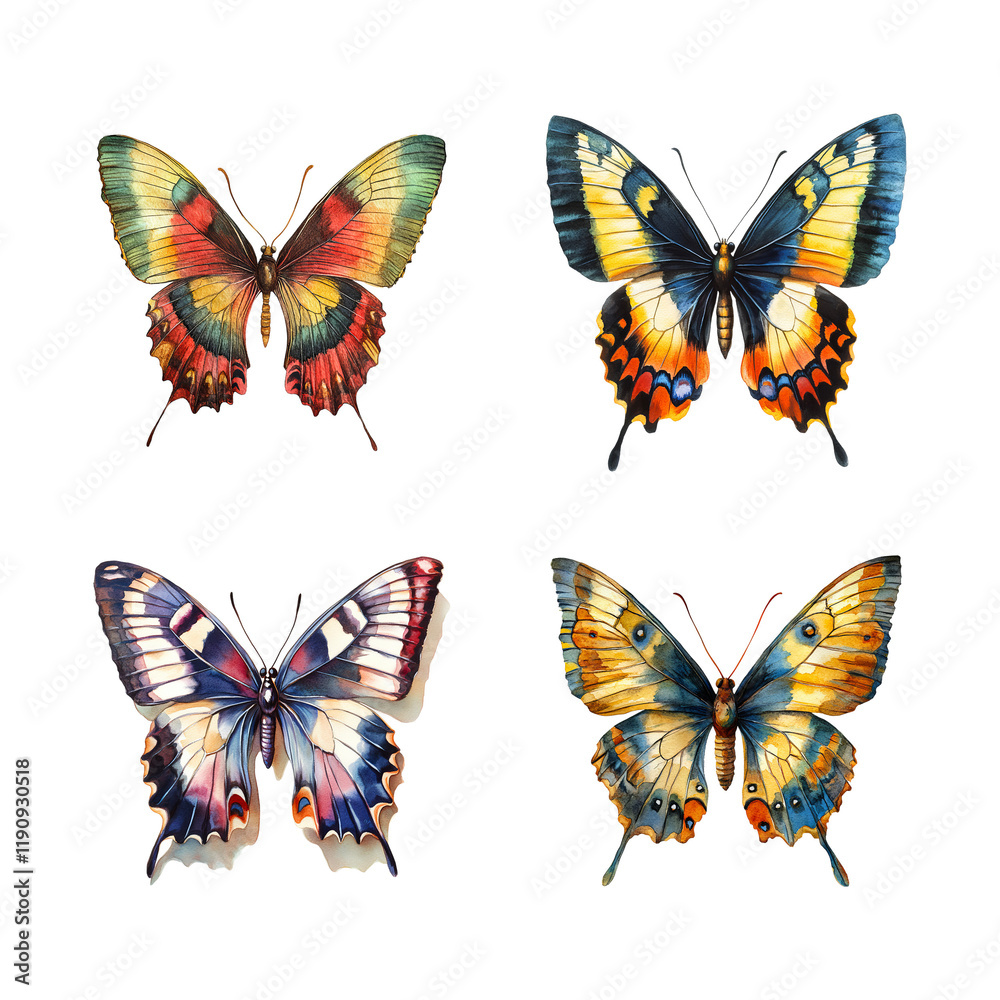 Set of colorful butterflies with detailed patterns on transparent background Set of colorful butterflies with detailed patterns on transparent background