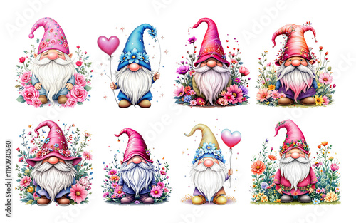 Romantic gnomes with heart balloons and valentine decorations on transparent background