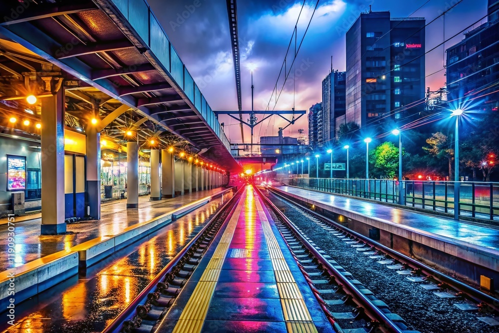 November 28th, 2023: Nighttime Railway Station with Subway Train and Tracks