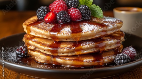 Delicious stack of fluffy pancakes topped with fresh berries and syrup