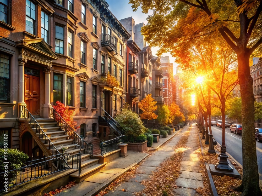 NYC Street Scene: Classic Brownstone Row, Autumn Sunlight NYC Street Scene: Classic Brownstone Row, Autumn Sunlight