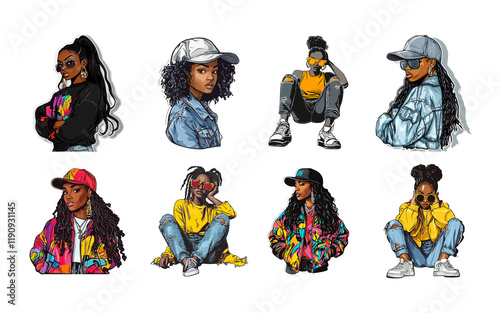 Urban streetwear women in vibrant outfits and stylish poses on transparent background