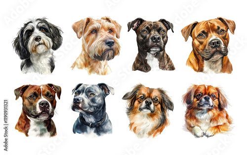 Variety of unique dog breed illustrations with detailed strokes on transparent background