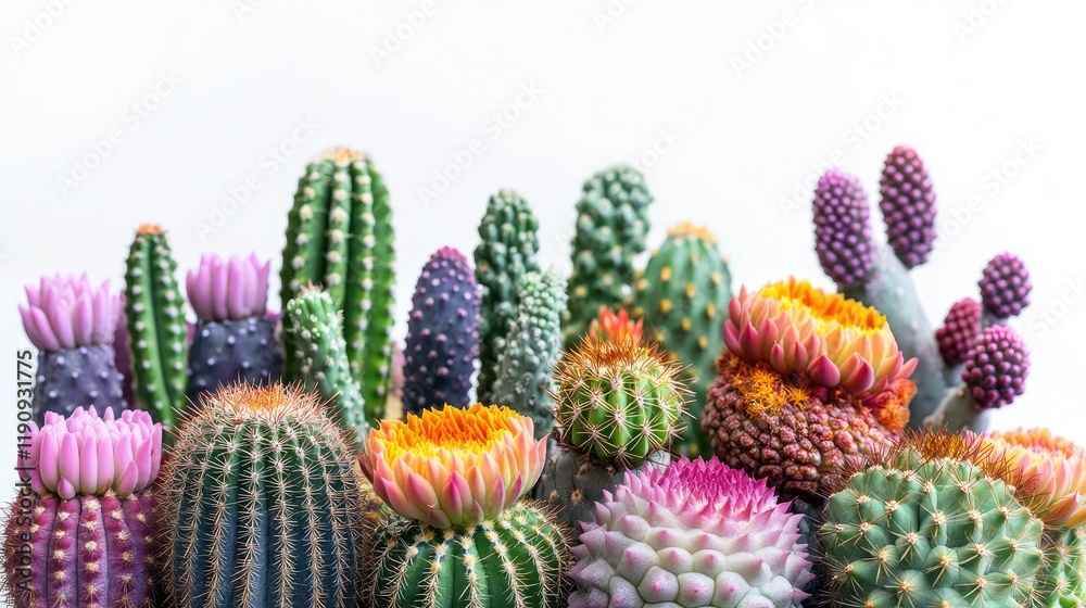 Fototapeta premium A collection of vibrant cacti with fascinating textures, displayed against a white backdrop to highlight their vivid colors and intricate natural design