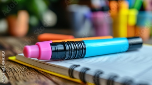 Colorful pen resting on a notebook with notes and a small plant in the backgr...