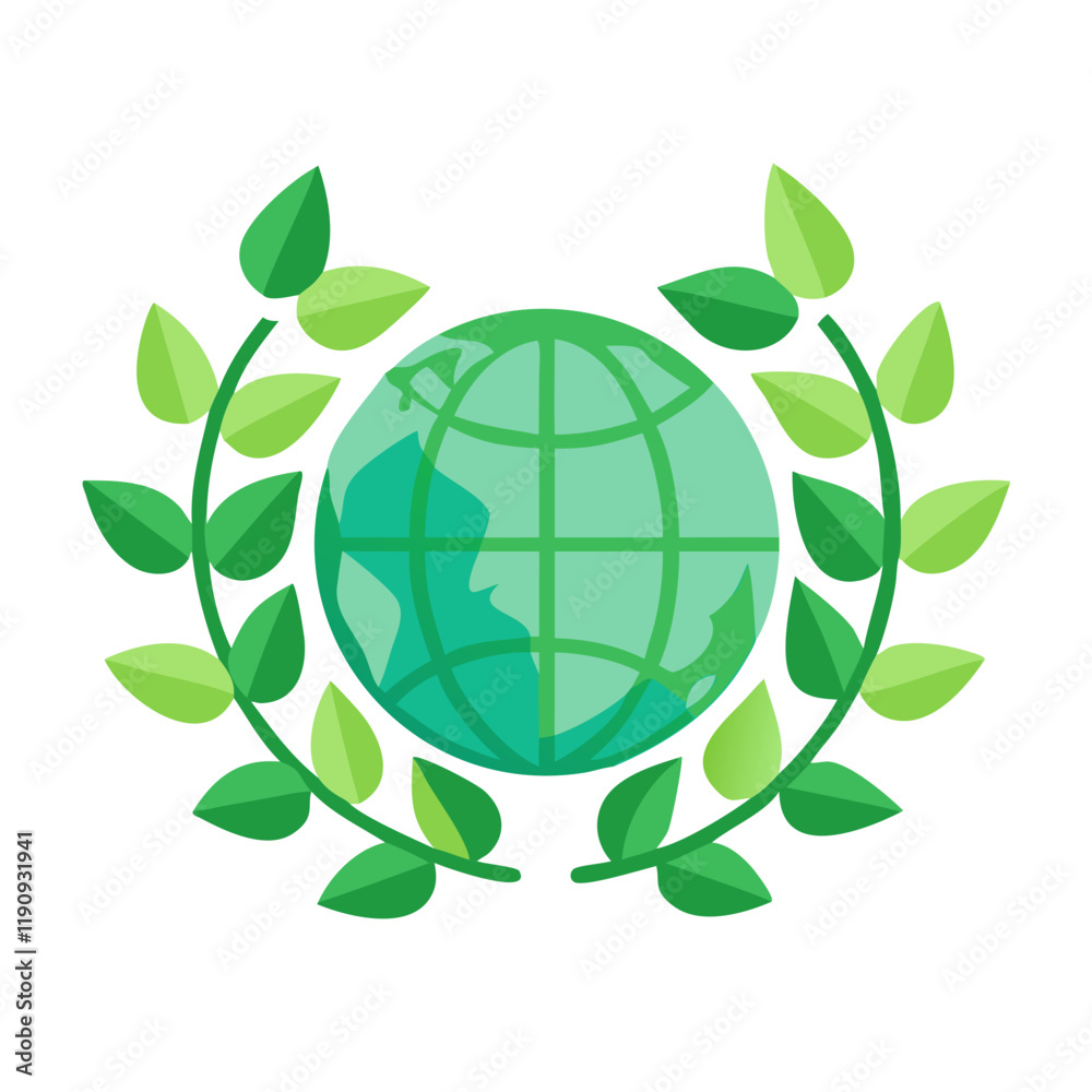 Globe with leaves surrounded by a green wreath