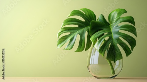 Large leafy green plants in a glass vase against a light green background