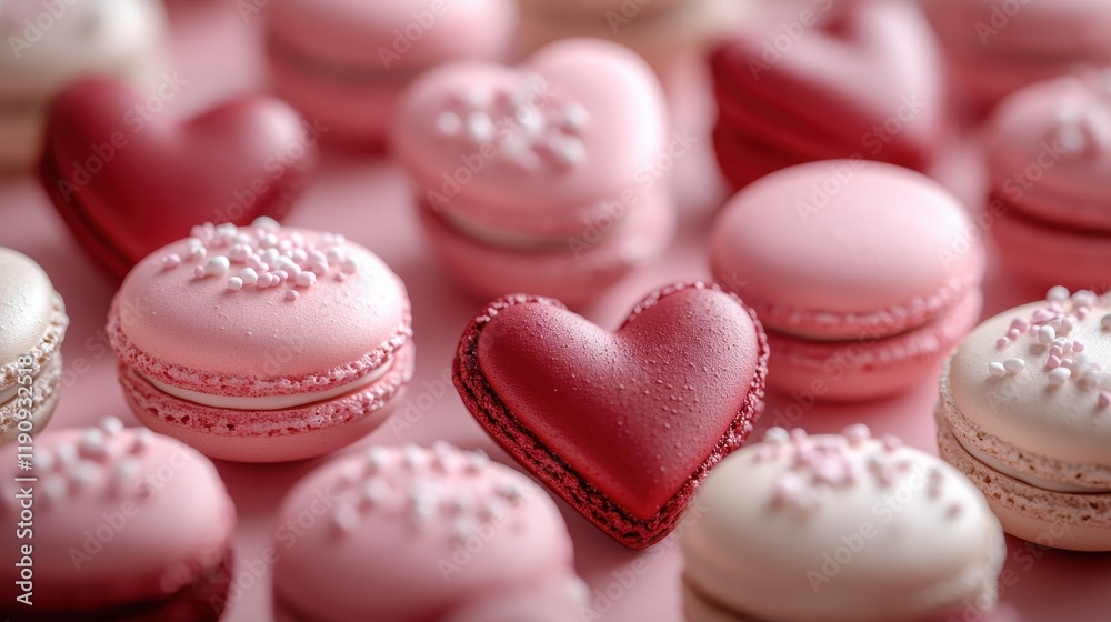 Assorted pink and red macarons with heart shape on blush background Assorted pink and red macarons with heart shape on blush background