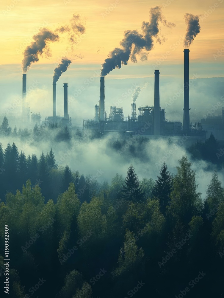 An industrial plant stands behind a vibrant green forest, emitting smoke and significantly polluting the environment, creating a stark contrast between natures beauty and industrys harsh reality An industrial plant stands behind a vibrant green forest, emitting smoke and significantly polluting the environment, creating a stark contrast between natures beauty and industrys harsh reality