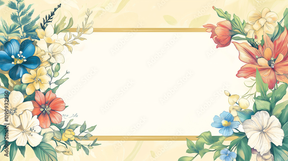 Fototapeta premium Floral Border Frame Illustration with Copy Space on White Background