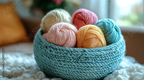 Colorful yarn balls in a woven basket in a cozy indoor setting