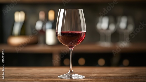 Elegant glass of red wine on a wooden bar with blurred bottles in the background