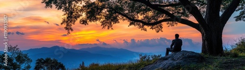 Contemplative Moment Under a Tree at Sunset A Serene Reflection in Nature's Embrace