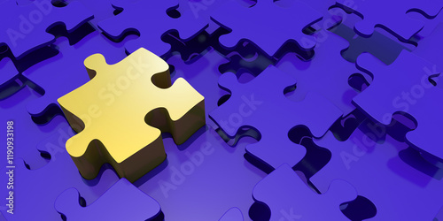 Golden puzzle piece among blue puzzle pieces. A symbol of uniqueness and strategy. Excellent concept idea for abstract expression. 3d rendering