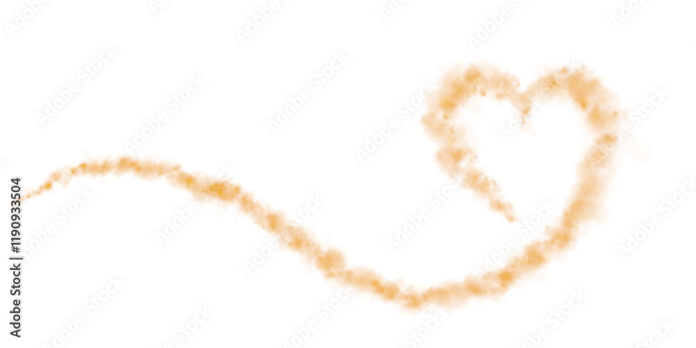 Obraz premium Realistic smoky orange fluffy heart shaped cloud on transparent background. Romantic golden translucent smoke floating in the shape of a heart. PNG.