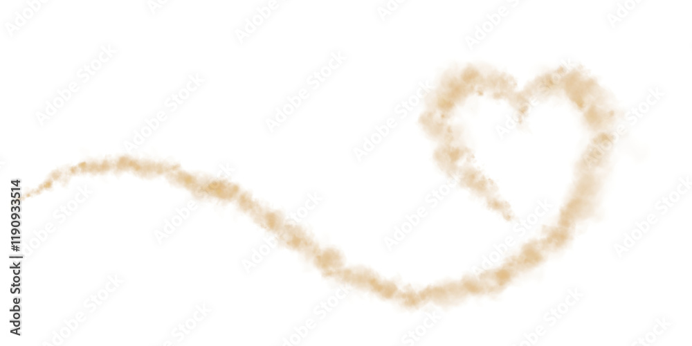 Obraz premium Realistic smoky golden fluffy heart shaped cloud on transparent background. Romantic golden translucent smoke floating in the shape of a heart. PNG.