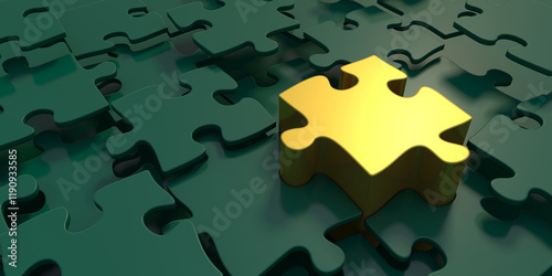 Golden puzzle piece mmong green jigsaw pieces. This striking visual highlights the importance of finding the right piece. 3d rendering.