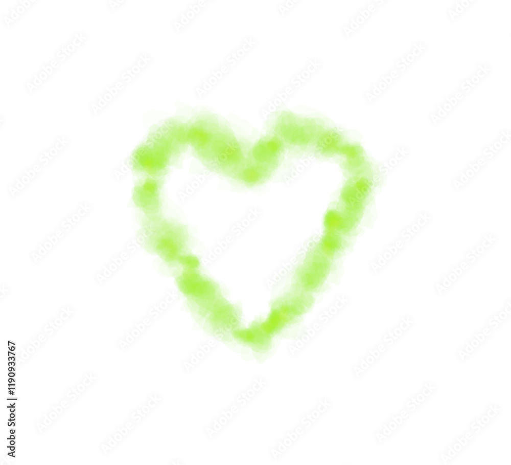 Fototapeta premium Realistic smoky green fluffy heart shaped cloud on transparent background. Romantic golden translucent smoke floating in the shape of a heart. PNG. 