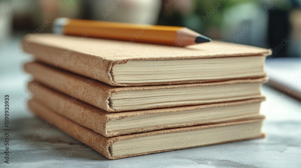 Naklejka premium Collection of blank notebooks stacked on a table with a pencil resting on top
