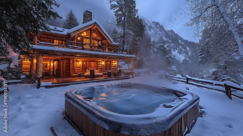 Cozy log cabin with outdoor hot tub in snowy forest setting during winter eve...