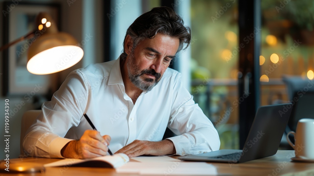 Fototapeta premium A focused man writes at a desk, illuminated by a lamp, with a laptop nearby, suggesting productivity and creativity in a cozy environment.