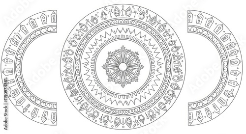 A coloring book page featuring a mandala made up of concentric circles on a white background.