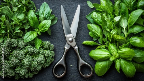 Freshly cut herbs and greens arranged with scissors on dark surface for cooki...