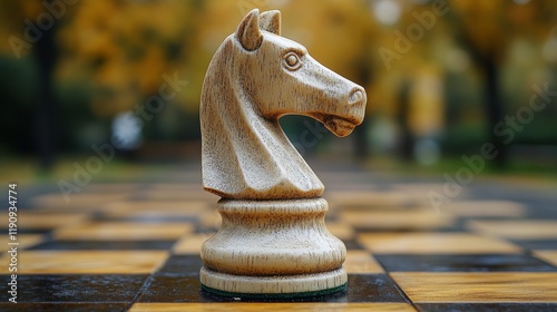 Elegant glass chess knight piece on a checkered board with blurred bokeh back...
