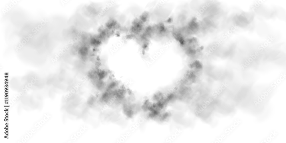Fototapeta premium Realistic smoky black fluffy heart shaped cloud on transparent background. Romantic golden translucent smoke floating in the shape of a heart. PNG. 