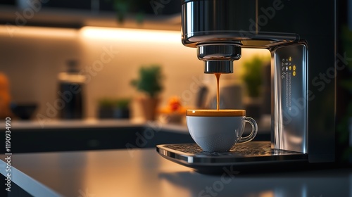 Compact kitchen robot brewing coffee and serving it in a cup on a clean counter.