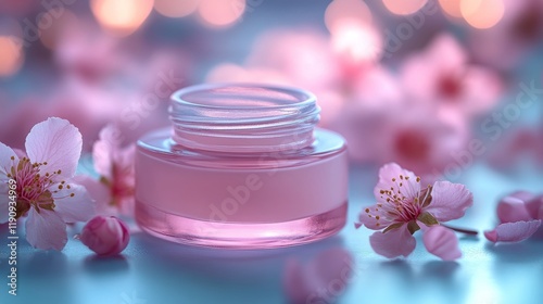 Delicate pink cream jar surrounded by cherry blossoms in a soft, serene setting