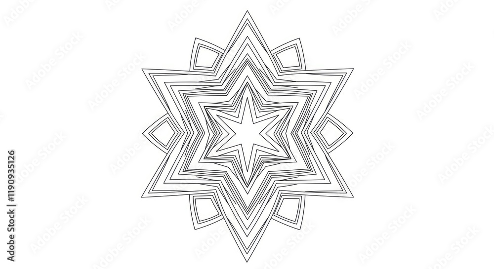 Mandala featuring a starburst design with a central star and multiple layers of triangles and circles radiating outward