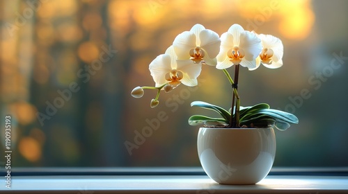 Elegant white orchid in a modern pot against a beautiful sunset backdrop