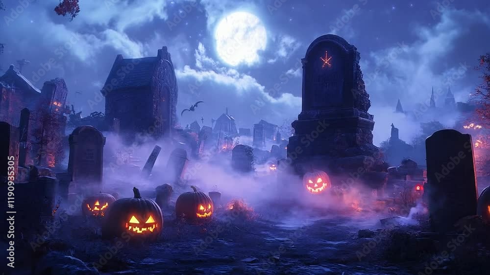 Mysterious Haunted Cemetery on a Full Moon Halloween Night