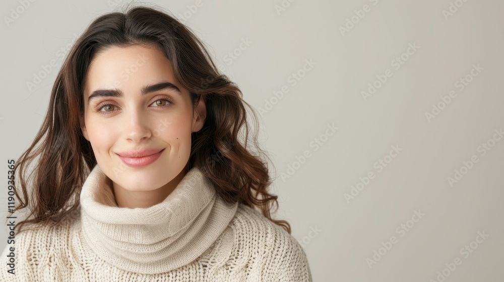 A smiling woman with wavy hair wears a cozy turtleneck sweater, exuding warmth and friendliness against a neutral background. A smiling woman with wavy hair wears a cozy turtleneck sweater, exuding warmth and friendliness against a neutral background.