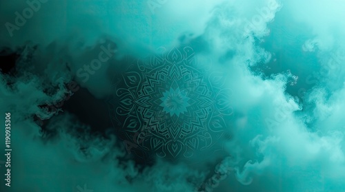 ich deep teal foggy scene with low visibility. A luxury Islamic ornament mandala frame is in the background photo