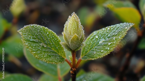 Fresh green plant sprouting from soil with water droplets in garden setting